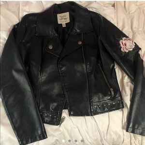 Embroidered Black Leather Jacket